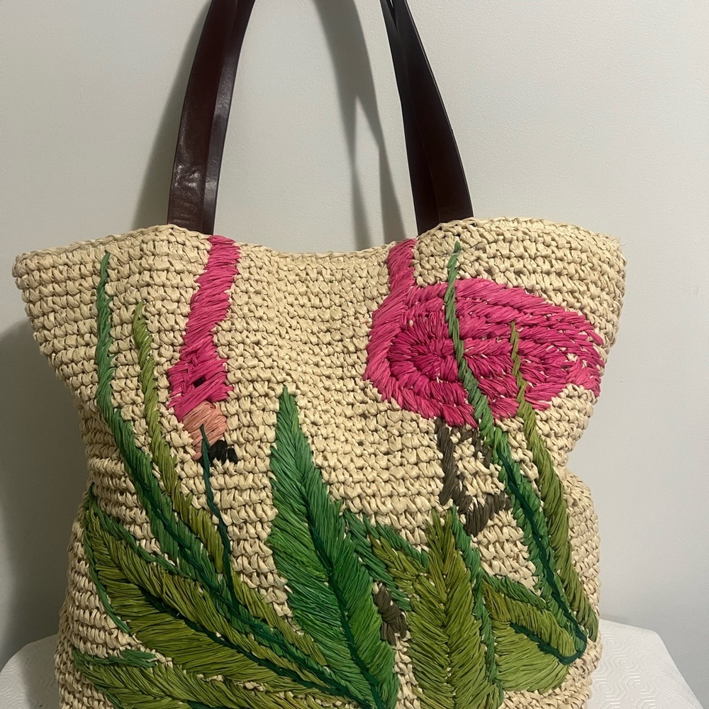 Nordstrom Natural Straw Tote with Pink Flamingo and Green Leaf Design. NWOT